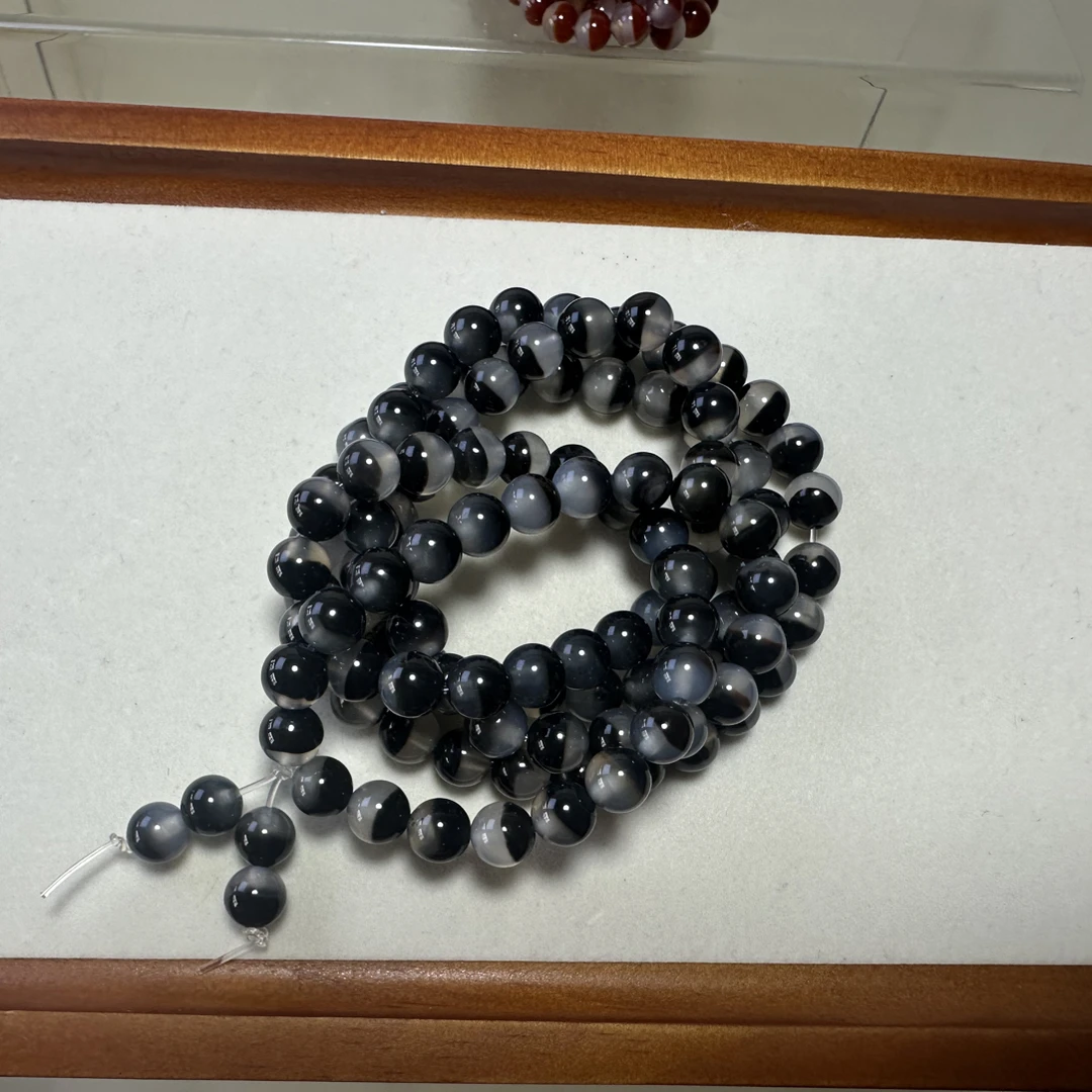 天然玛瑙 一线药师黑白半盆108粒 多圈可叠戴