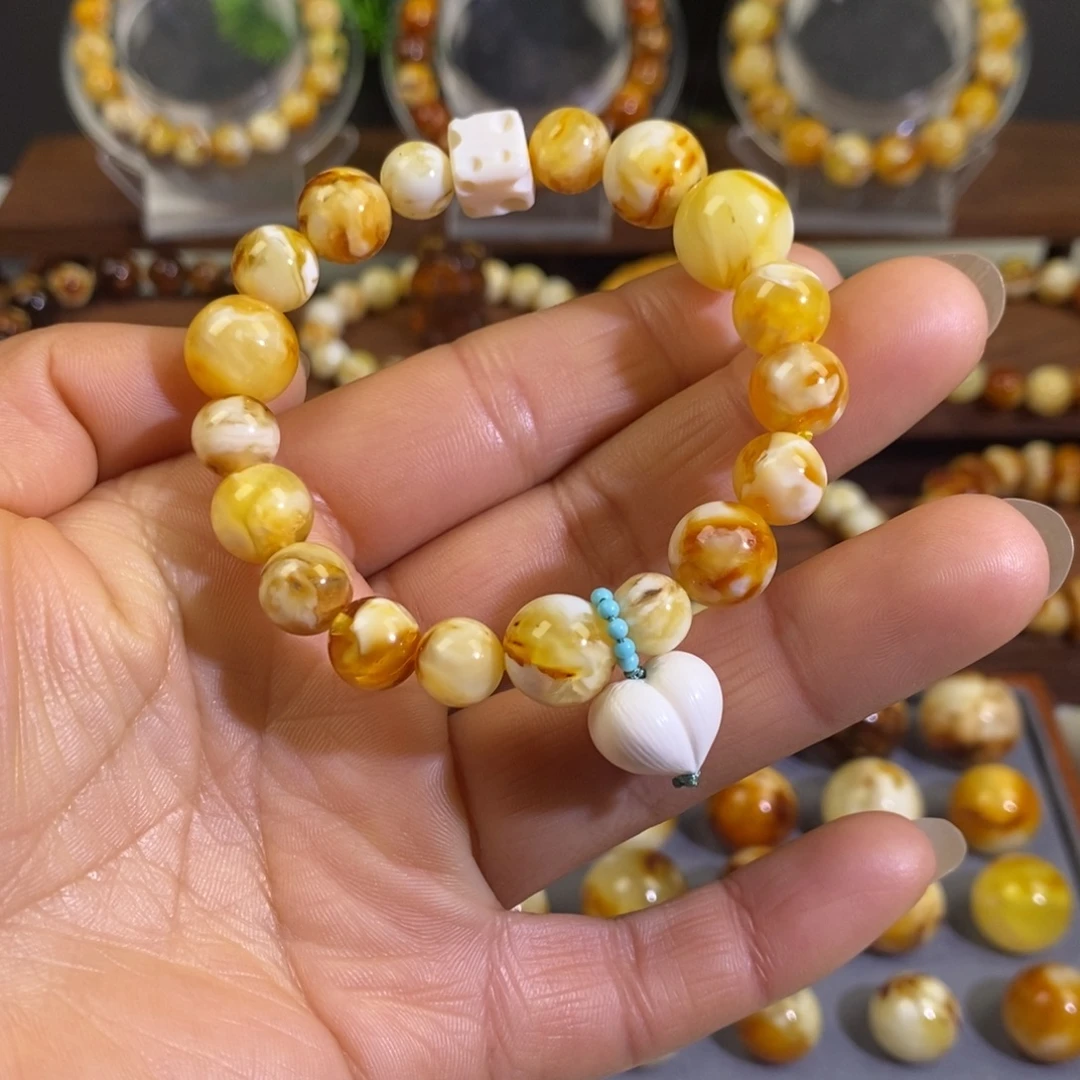 琥珀未镶嵌裸石天然沁色蜜蜡白妖花手串