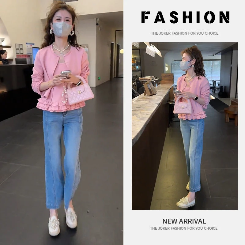 早春一整套女装2025新款荷叶边拼接吊带圆领开衫直筒阔腿裤三件套