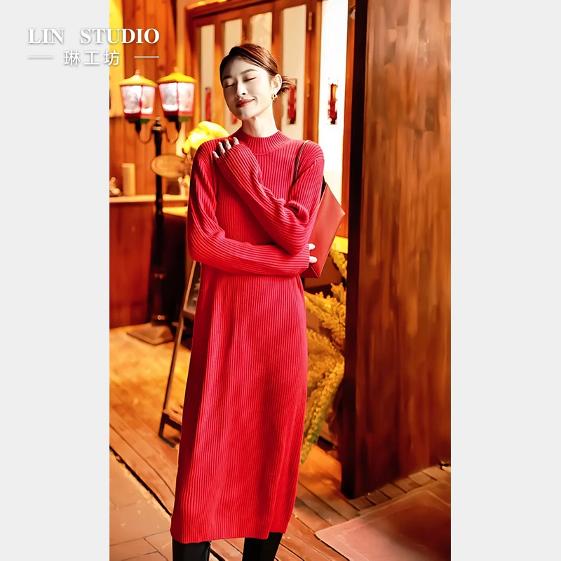 【100%山羊绒】琳工坊梦月红色针织连衣裙显瘦气质时尚唐琳设计师