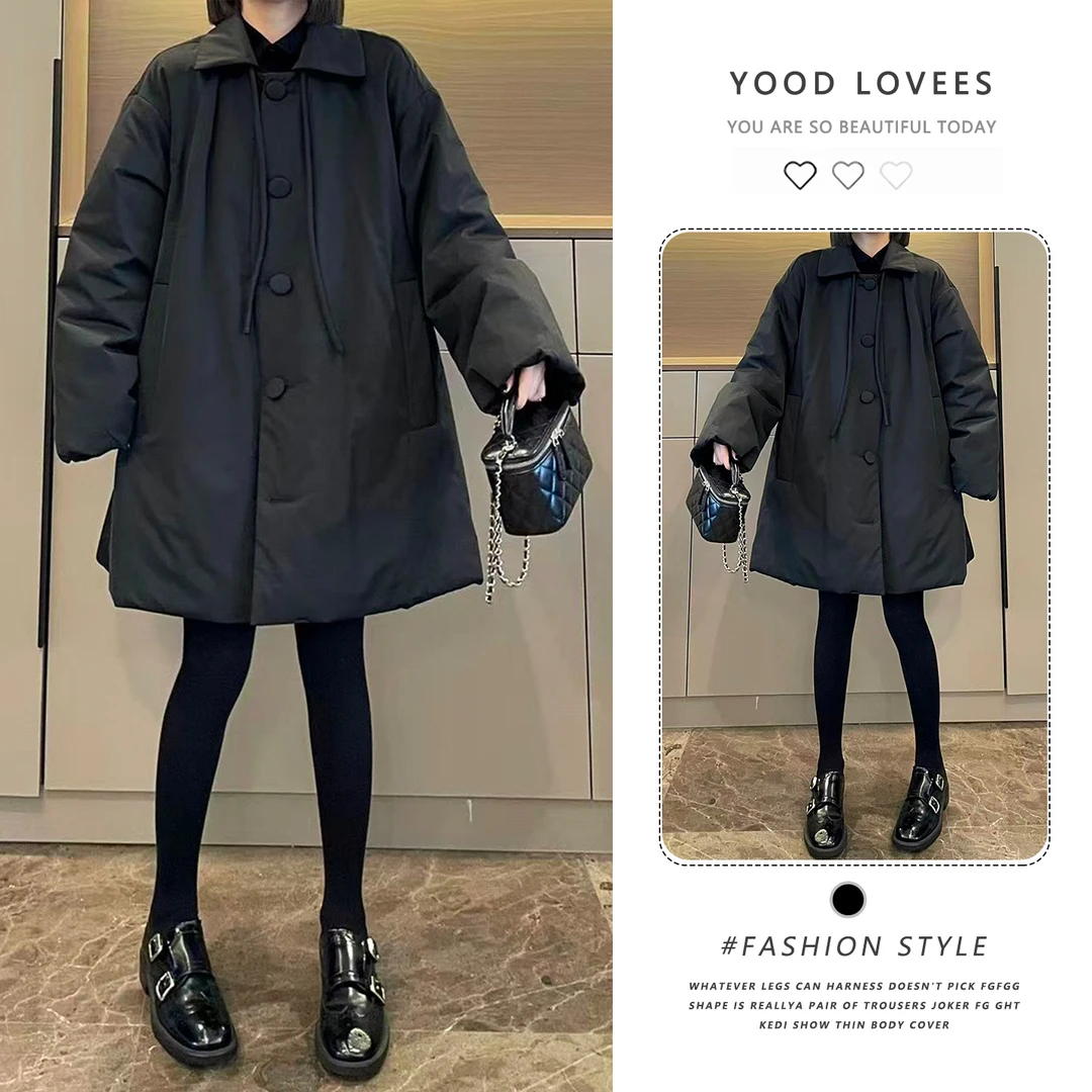 欧洲站2025冬季Polo领抽绳A字娃娃版中长款净版欧货甜美加厚棉服