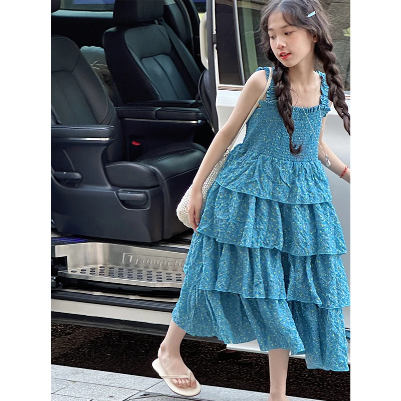 K28713法式女童吊带连衣裙2025新款夏装儿童碎花裙子女大童蛋糕裙