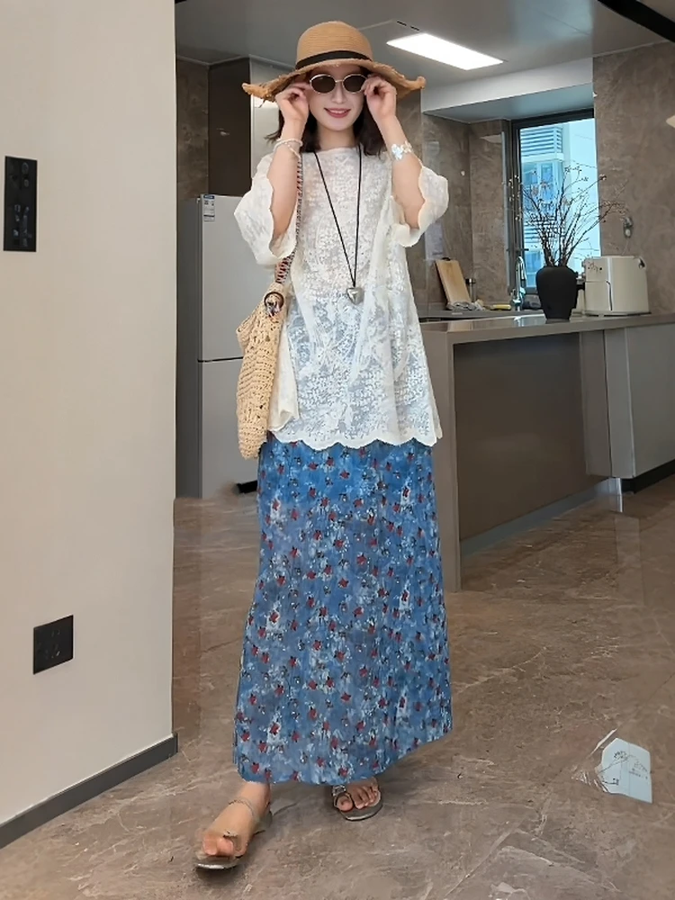 大码女装设计感蕾丝绣花短袖t恤夏印花中长款半身裙套装两件套