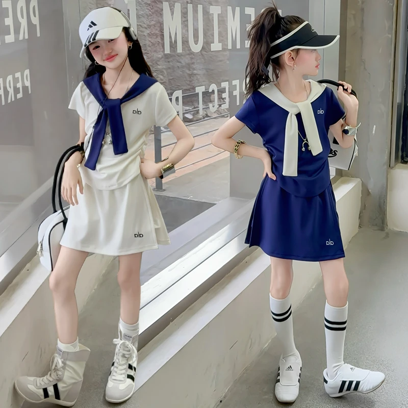 女童学院风运动套装夏季2025新款女大童夏装披肩短袖半身裙两件套