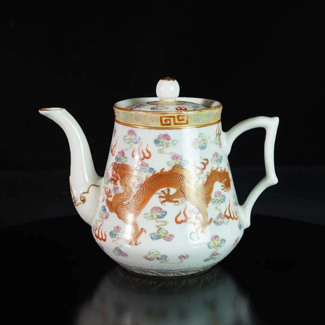 LABC250416034【十竹斋】民国矾红金龙粉彩云气纹执壶