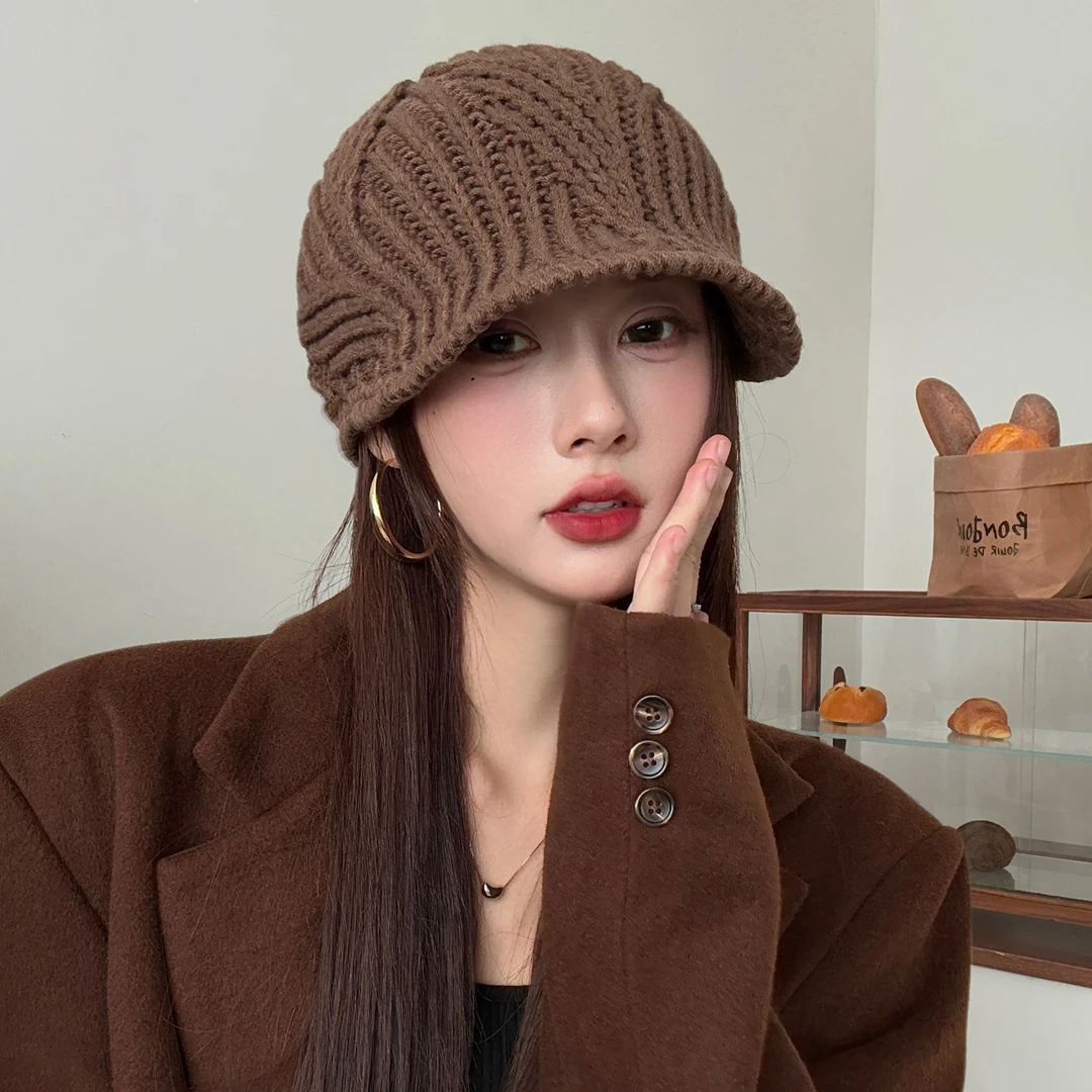 秋冬季毛线手工编织鸭舌帽子女时尚宽松针织帽百搭休闲保暖前进帽