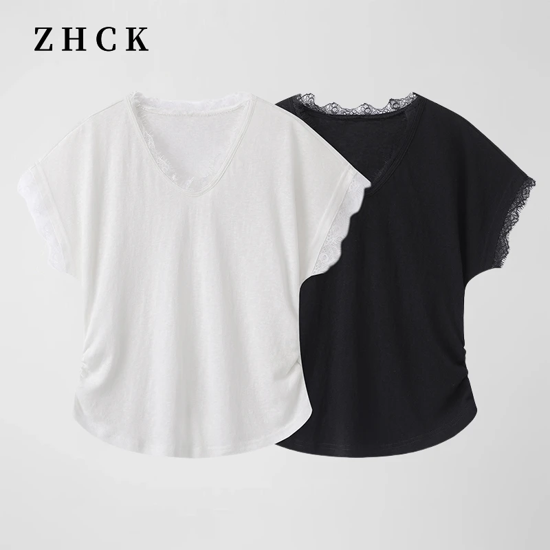 ZHCK蕾丝拼接V领T恤2025新款纯色时尚潮流百搭设计感蕾丝短袖8132