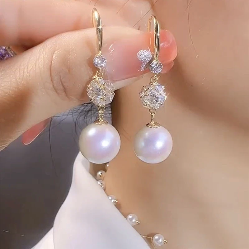 925银耳饰 防过敏耳环女新款潮珍珠轻奢耳钉时尚镶钻耳坠长款气质