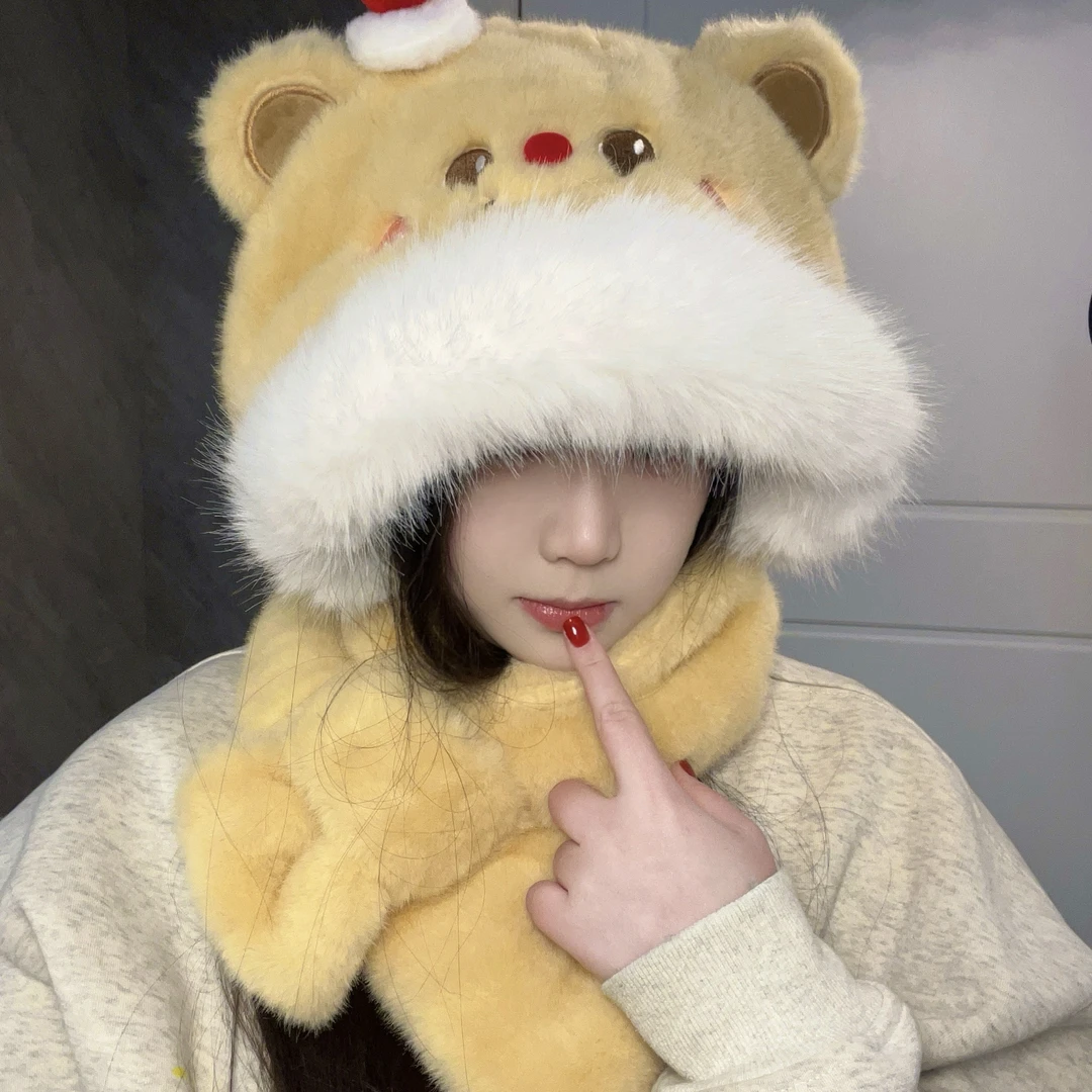 毛茸茸黄油蛋糕小熊毛绒帽子围巾一体女冬季保暖防风寒围脖护耳帽