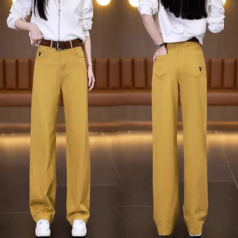 姜黄色流行窄版阔腿牛仔裤女2025春秋新款高腰洋气直筒显瘦休闲裤