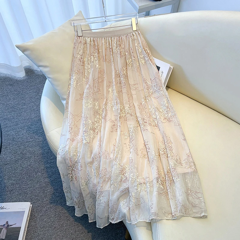 新中式国风气质半身裙女夏季复古重工刺绣中长裙松紧腰a字百褶裙