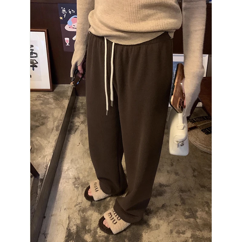 耶古圈圈呢休闲裤女秋冬季抽绳高腰加绒阔腿裤肌理感宽松直筒长裤