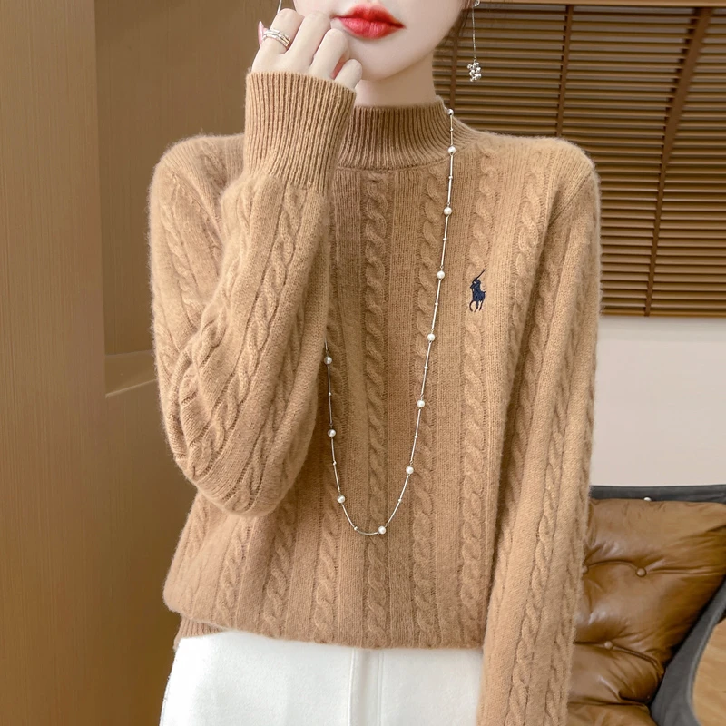 半高领刺绣羊毛针织上衣女秋冬新款麻花宽松毛衣长袖打底衫长袖洋