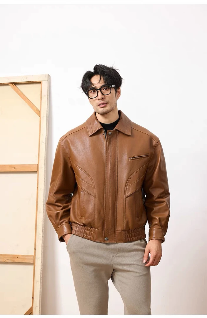 【犹他】意大利绵羊皮加厚翻领男士夹克宽松保暖鹅绒外套