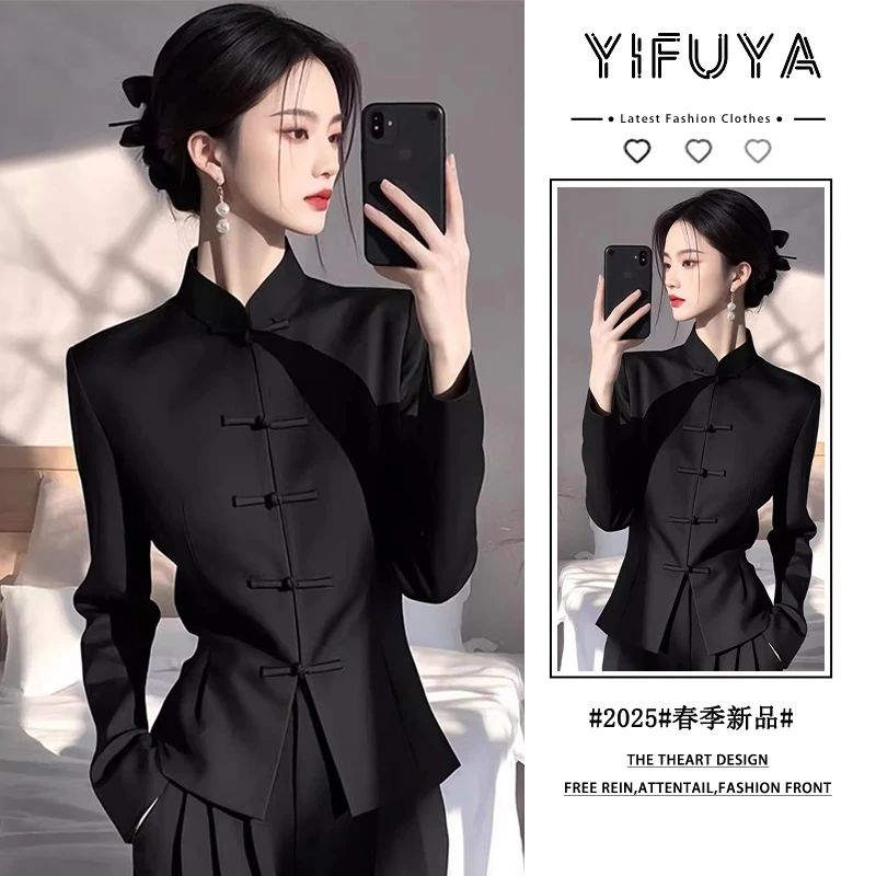 春季高端气质独特别致上衣轻奢洋气高级感新中式国风黑色盘扣衬衫