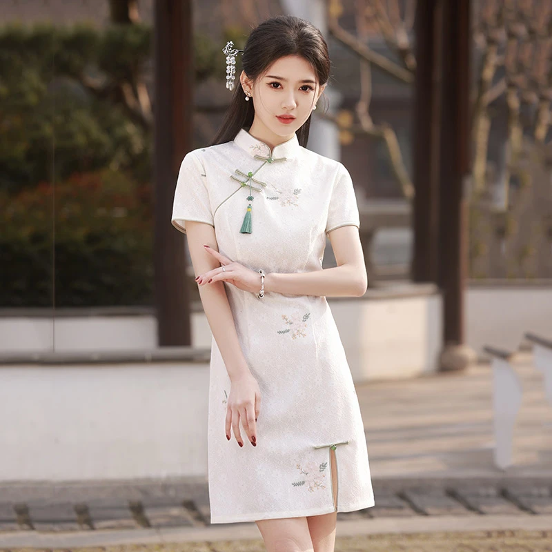 小个子好穿+夏季+白色蕾丝国风中式短款改良旗袍年轻款D20538