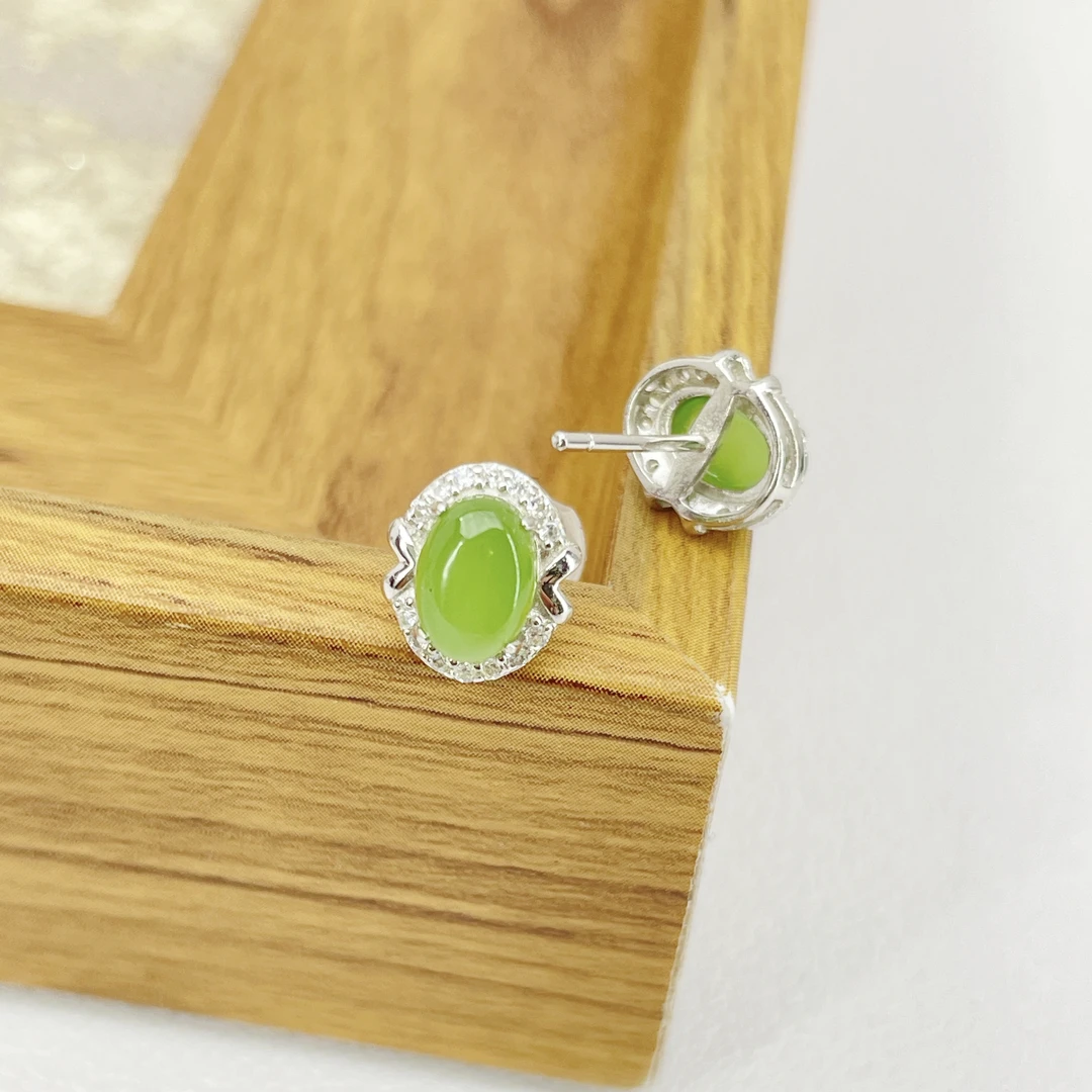 和田玉碧玉耳钉S925银时尚百搭气质简约经典设计小众珠宝耳饰ML14