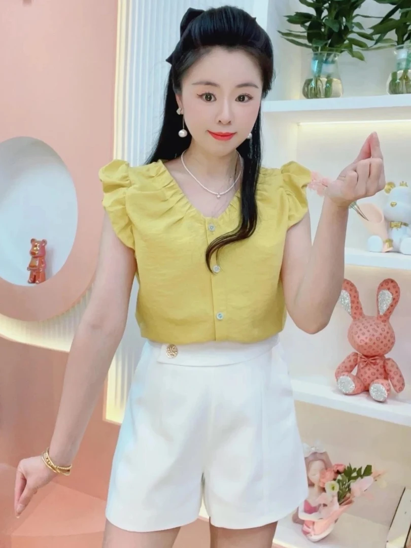 V领纯色无袖夏季短袖新款衬衣衬衫泡泡高智法式清冷系禅意衣服女