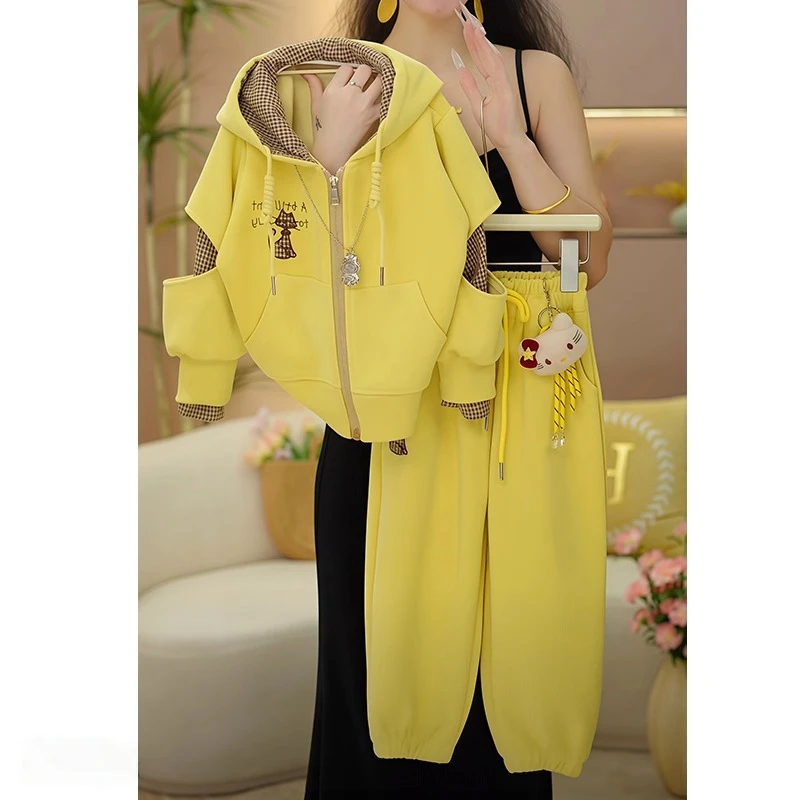 女童猫咪假两件运动套装2025新款春秋款连帽格子拼接外套卫衣卫裤