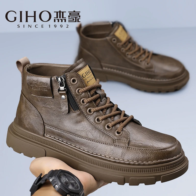 GIHO/杰豪板鞋男2025冬季新款马丁靴加绒保暖加厚防滑高帮棉皮鞋