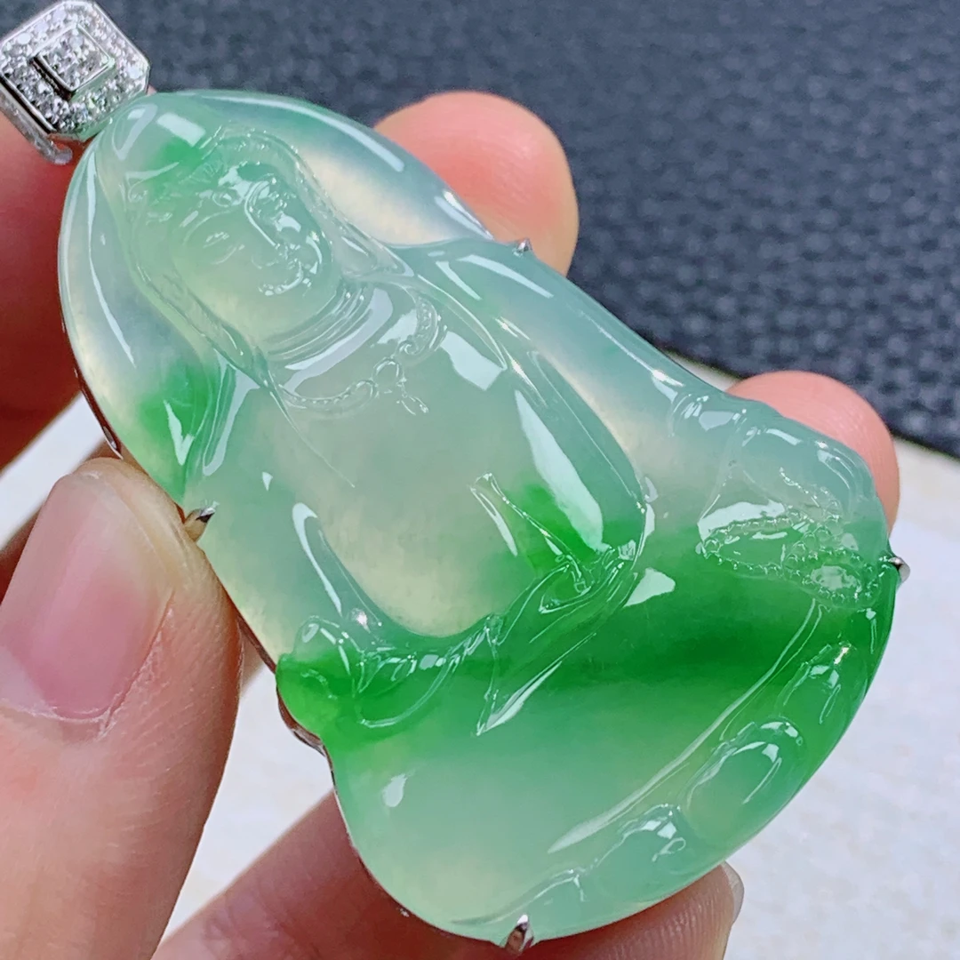 天然缅甸A货翡翠冰种飘阳绿观音镶嵌18K金吊坠冰透精美时尚气质01