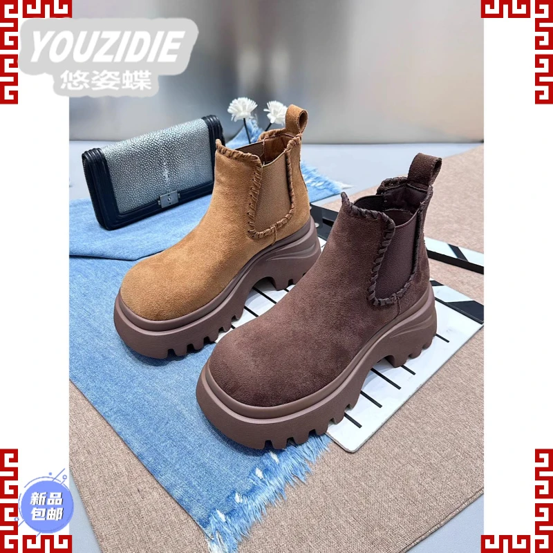YOUZIDIE欧货2025秋冬季新款厚底增高切尔西靴女英伦风复古短靴绒