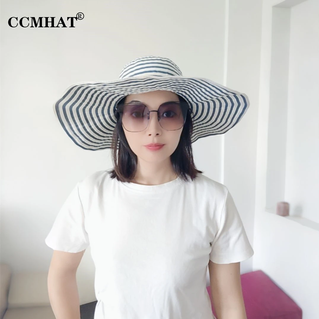 CCMHAT高品质经典时尚条纹大檐帽防晒遮阳帽轻薄透气可变型太阳帽
