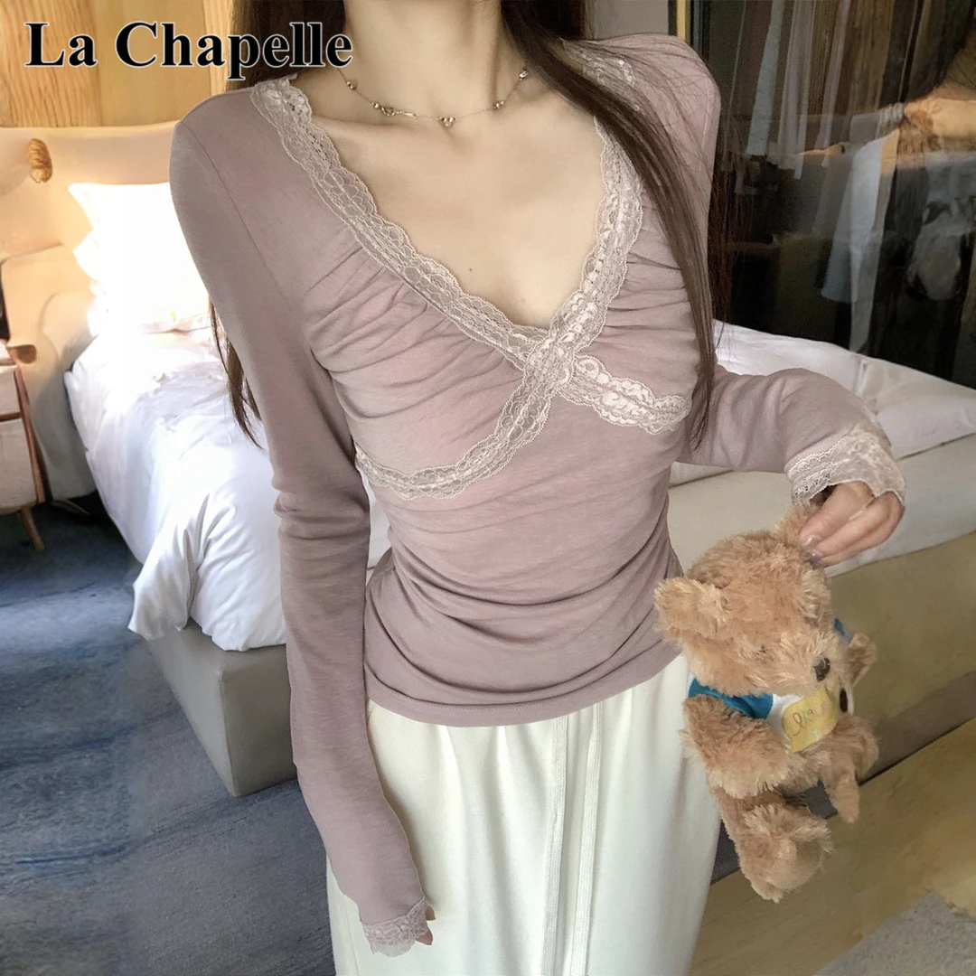 拉夏贝尔韩版纯欲蕾丝交叉v领长袖T恤女秋季褶皱设计打底修身上衣