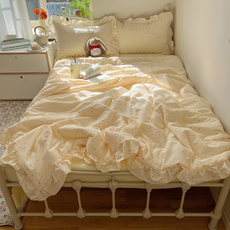 春夏皱皱纱夏被四件套法式夏凉被花边款被芯枕套床单可水洗空调被