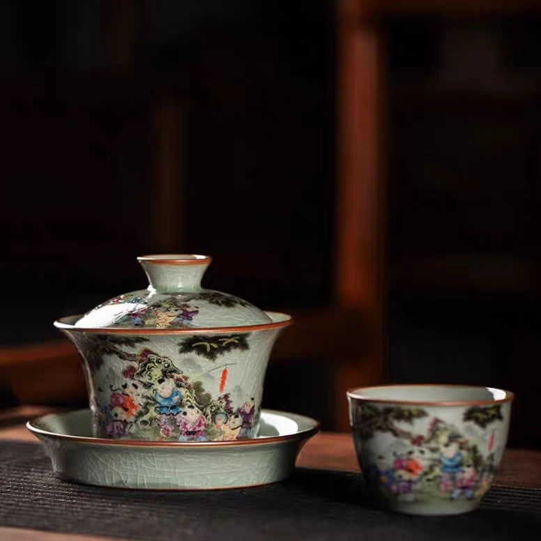 景德镇老陶泥开片高端茶具粉彩百子图陶瓷马蹄盖碗主人杯珐琅彩