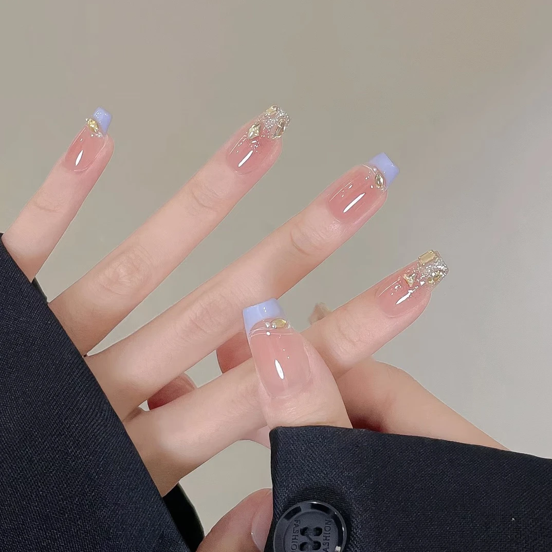 秋冬蓝色法式显白小众高级感短款纯手工定制穿戴甲气质温柔百搭