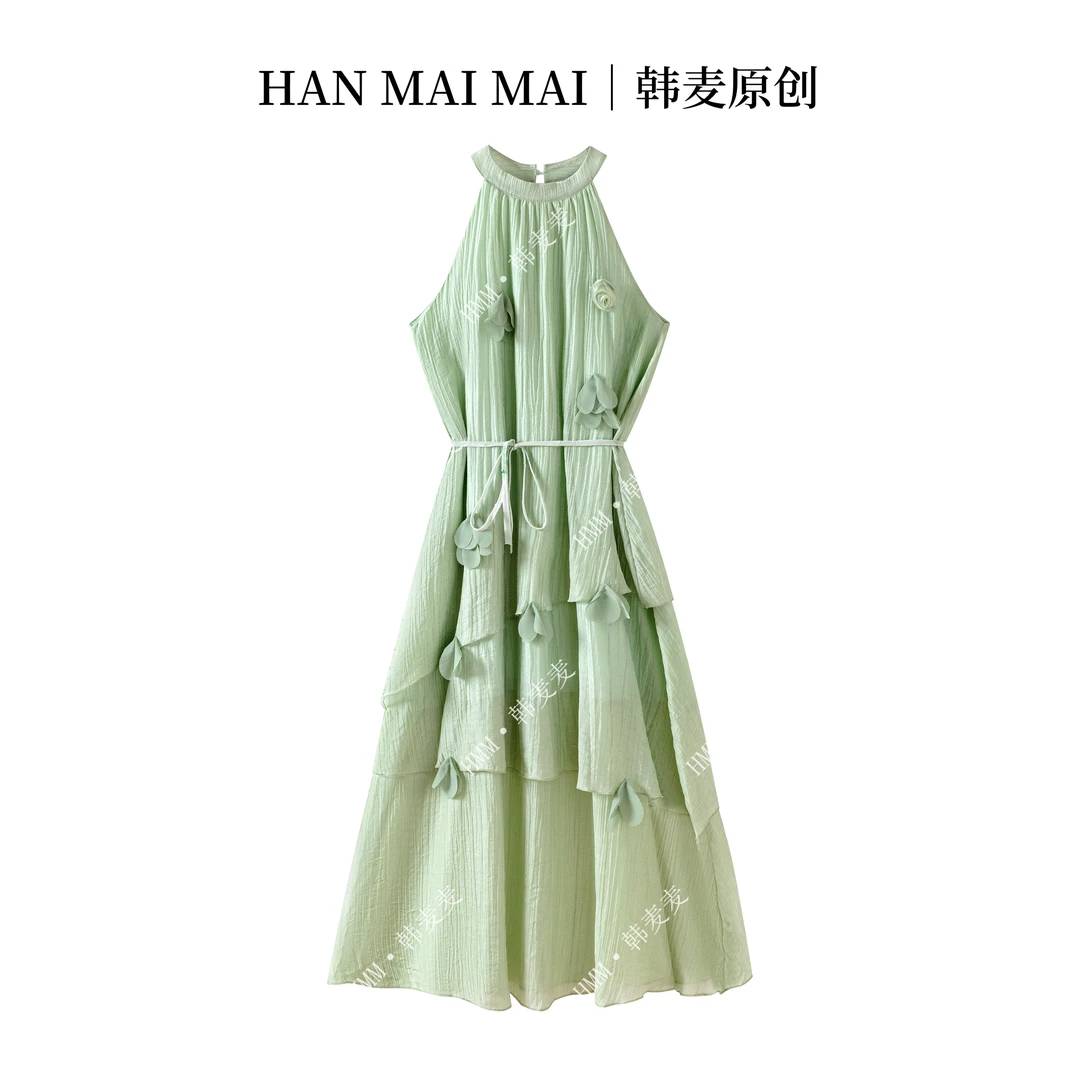 111/新中式不规刚剪裁假两件蕾丝刺绣提花气质优雅吊带连衣裙春夏