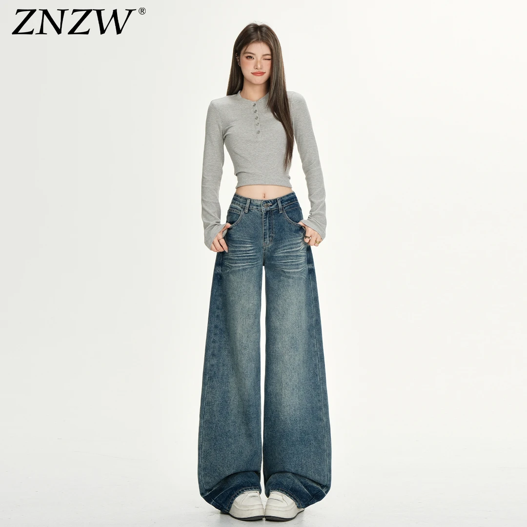 ZNZW美式高腰牛仔裤阔腿宽松秋2025新款做旧复古宽松垂感直筒裤女