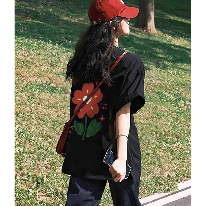 卡通动漫圆领短袖甜辣美式黑T恤半袖美式街头度假风