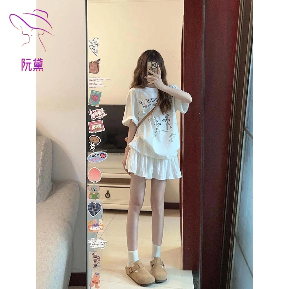 阮黛夏季芭蕾风卡通字母印花宽松圆领短袖t恤女显瘦百搭绝美上衣