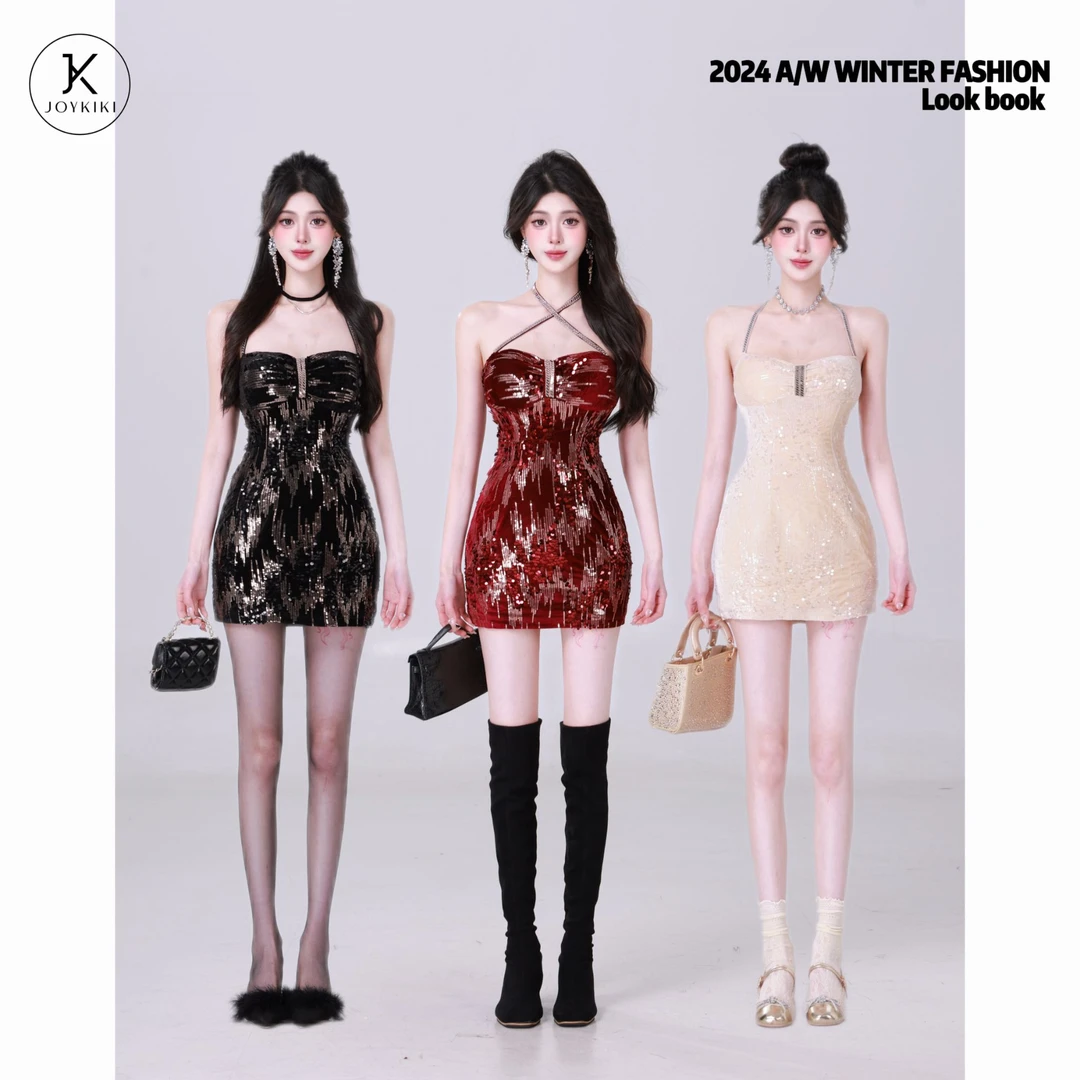 JOY KIKI金金【璀璨星河】冬季轻奢小众设计闪片挂脖抹胸裙J24D471