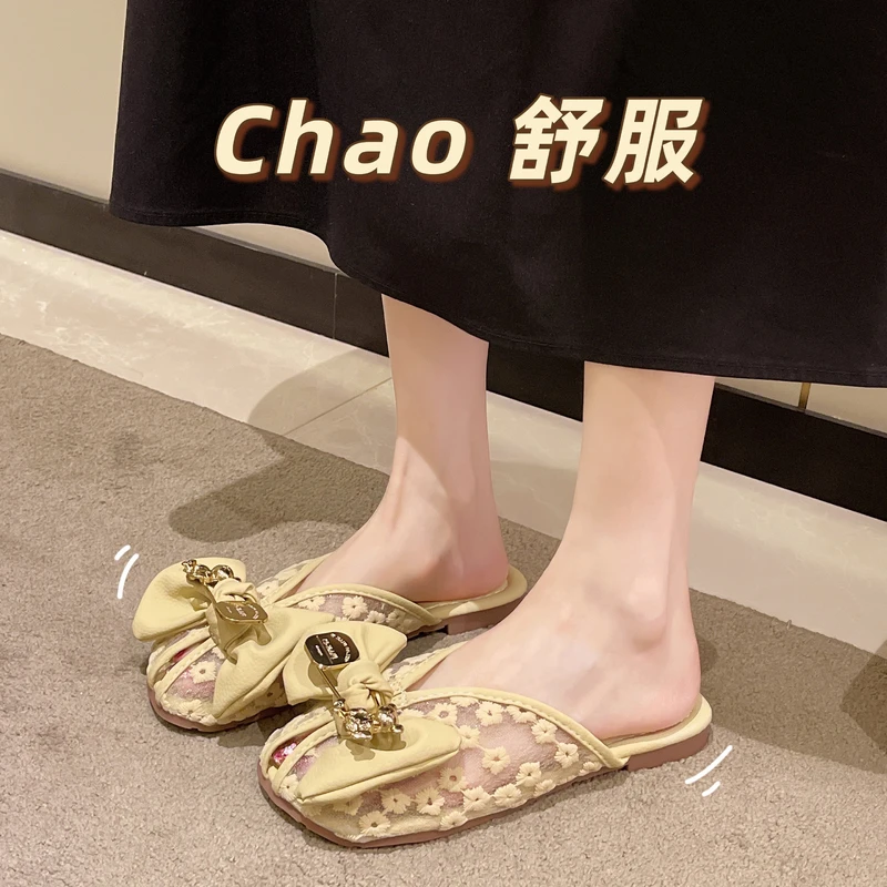 包头半拖鞋女夏外穿蕾丝网纱鱼嘴穆勒鞋仙女蝴蝶结法式高级感凉拖