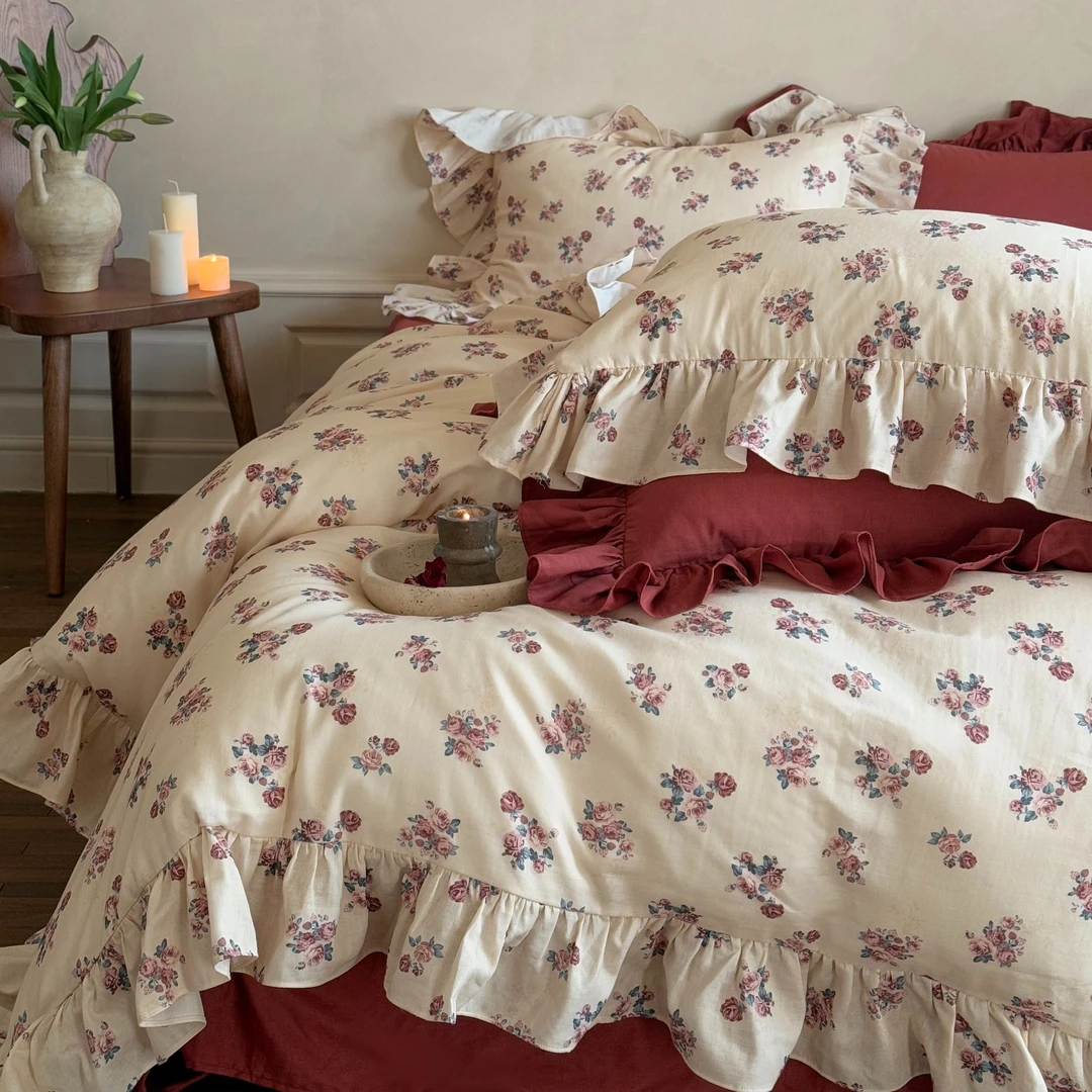 西西Style【花语微香】法式韩系全棉浪漫碎花双层纱床单款四件套