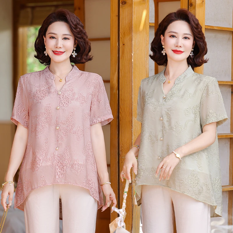 2025新款中年妈妈夏装短袖t恤洋气大码中老年女装宽松上衣两件套