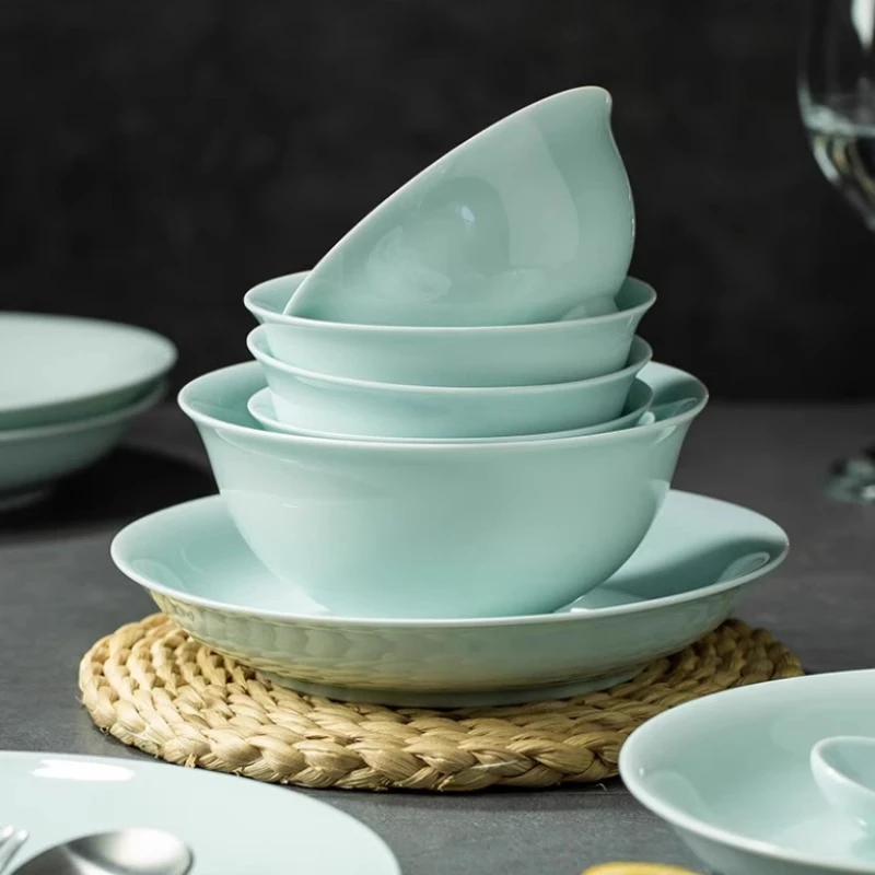 【6只5英寸光面青色米饭碗】新款家用餐具盘碟清瓷家用乔迁釉下彩盘