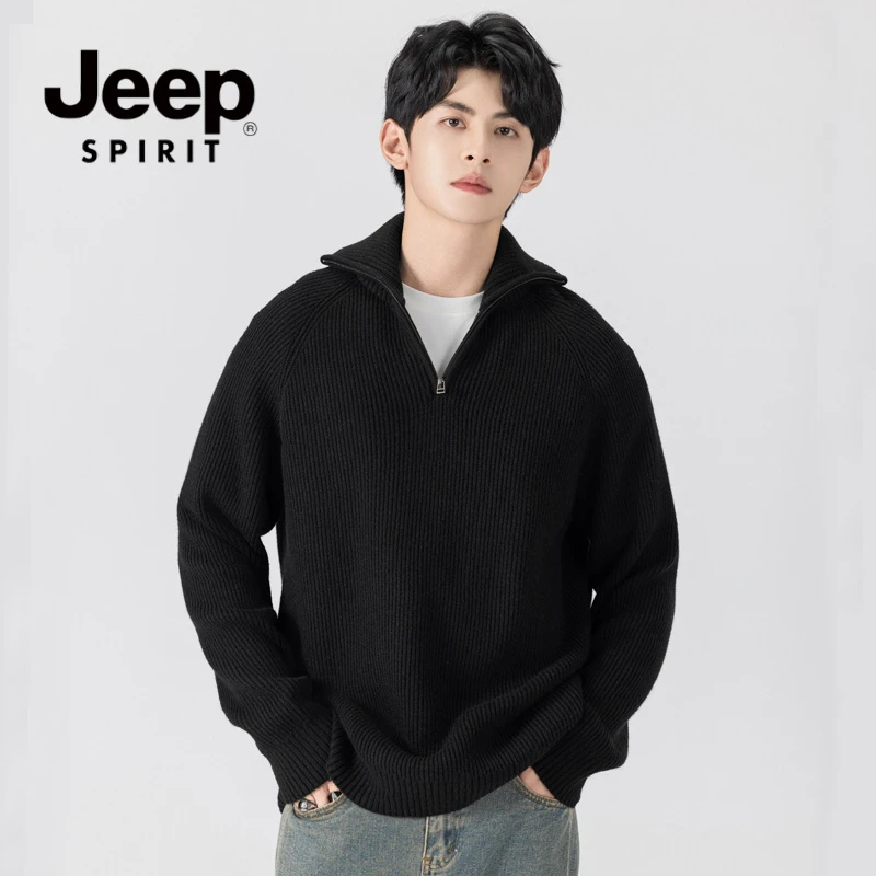 JEEPSPIRIT吉普复古高领半拉链毛衣情侣针织衫内搭翻领打底卫衣男