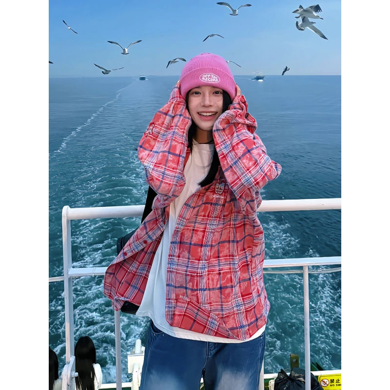 美式复古格子衬衫男女早秋穿搭刺绣长袖衬衣外套宽松慵懒风上衣