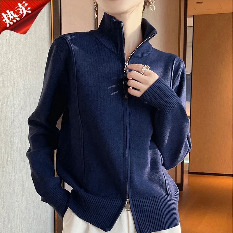 哥弟阿玛施正品上下双拉链立领长袖针织开衫纯色保暖短外搭上衣秋