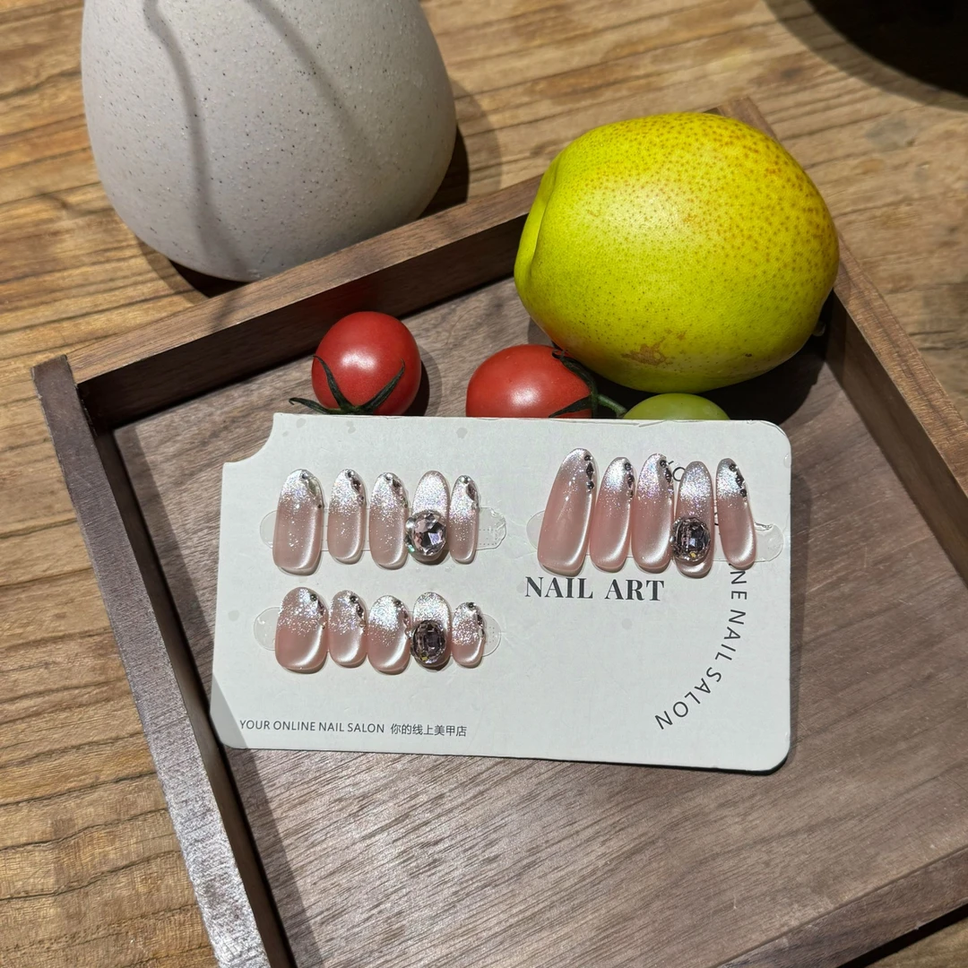 【粉芭乐】粉色爆闪双猫眼 温柔气质 纯手工穿戴甲