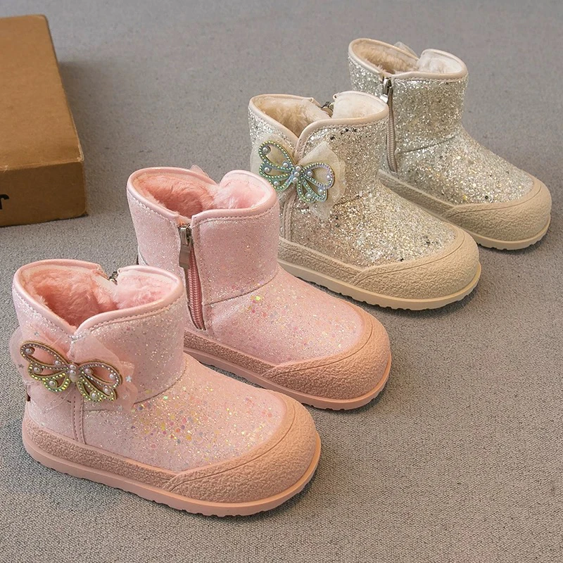 儿童雪地靴2024冬季新款女童鞋子加绒加厚雪地棉大棉鞋亮片2693