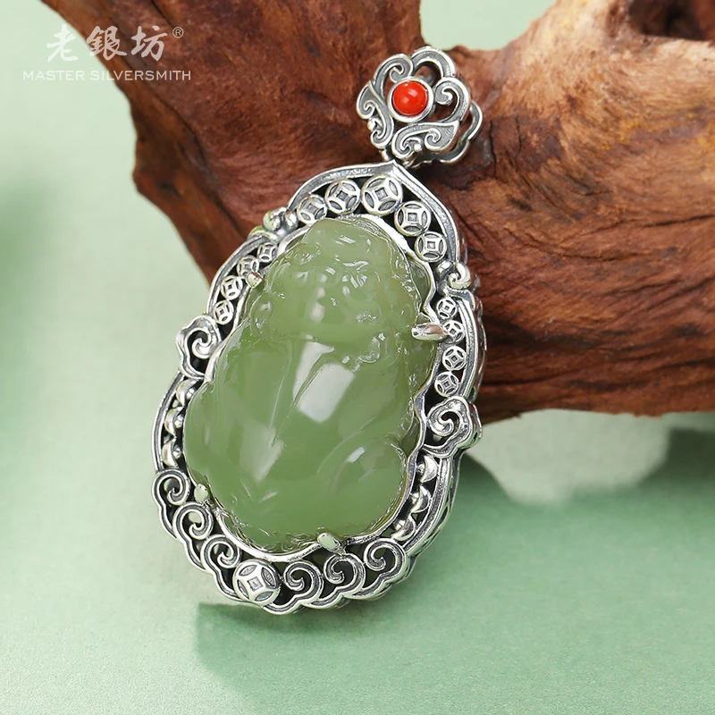 老银坊和田玉吊坠 聚宝盆貔貅足银首饰 精雕品质珠宝 00232711