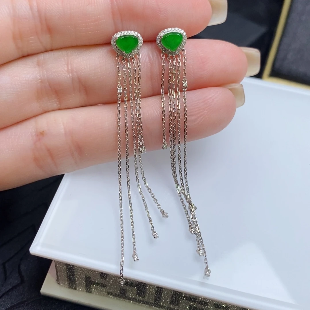 翡翠18K金镶嵌耳饰小桃心流苏耳钉