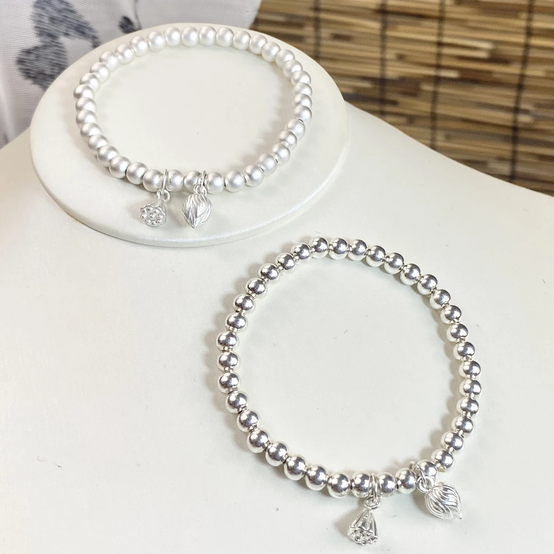 足银手镯 两世欢手链 亮面古法面足银两世欢弹力带手链