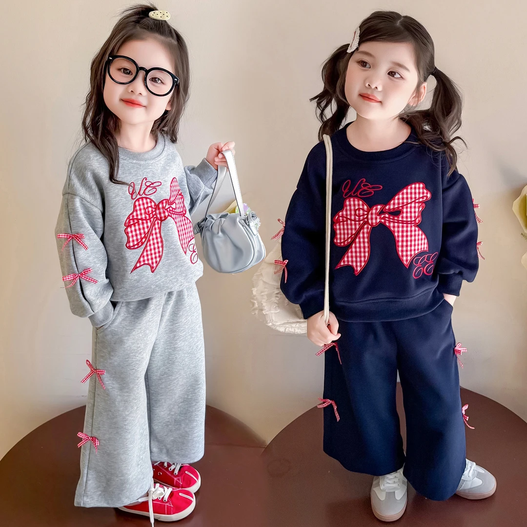 女童套装春秋款蝴蝶结卫衣儿童秋装洋气休闲两件套女宝宝韩版衣服