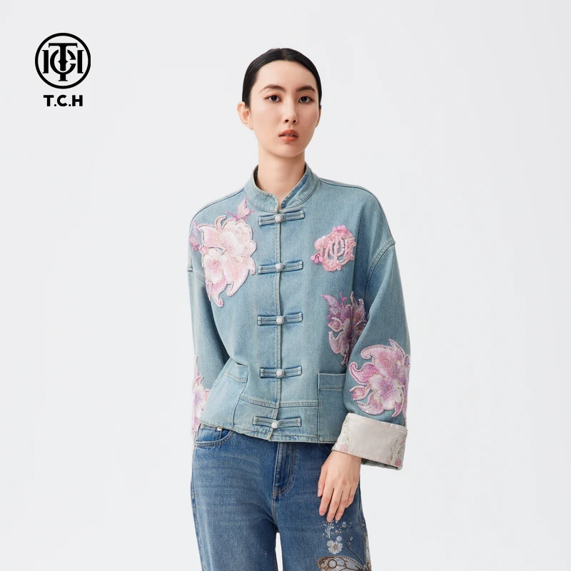 轻奢-新中式国风烫钻刺绣宽松洋气时尚做旧牛仔外套T72C068013